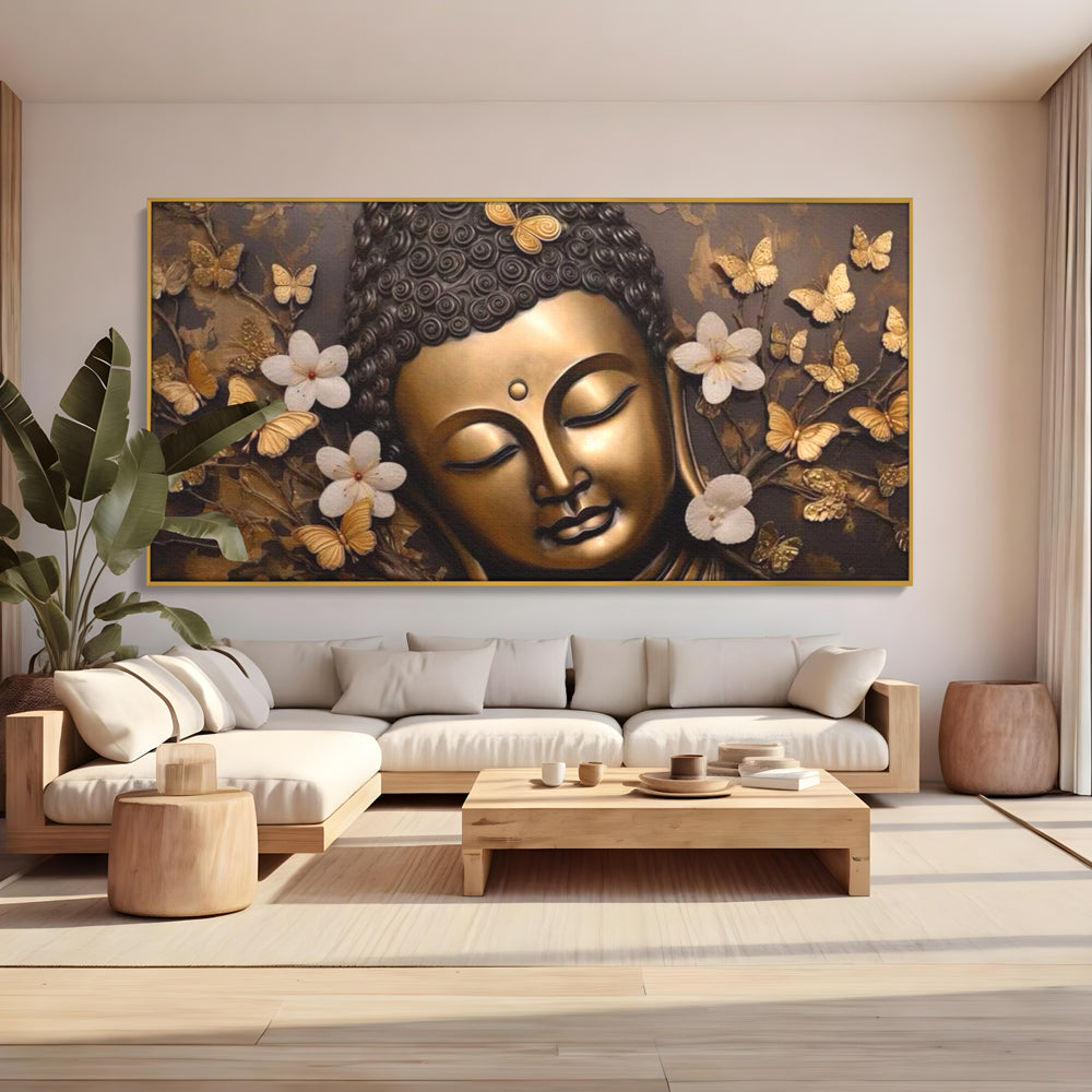 Tablou canvas cu tablou canvas cu capul lui buddha, in rama de aluminiu auriu, pe perete intr-un living